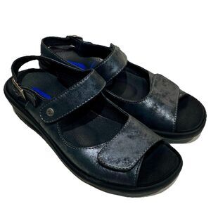 Wolky Slingback Wedge Sandals Gray Metallic Leather Straps Buckle EU 37 US 6-6.5